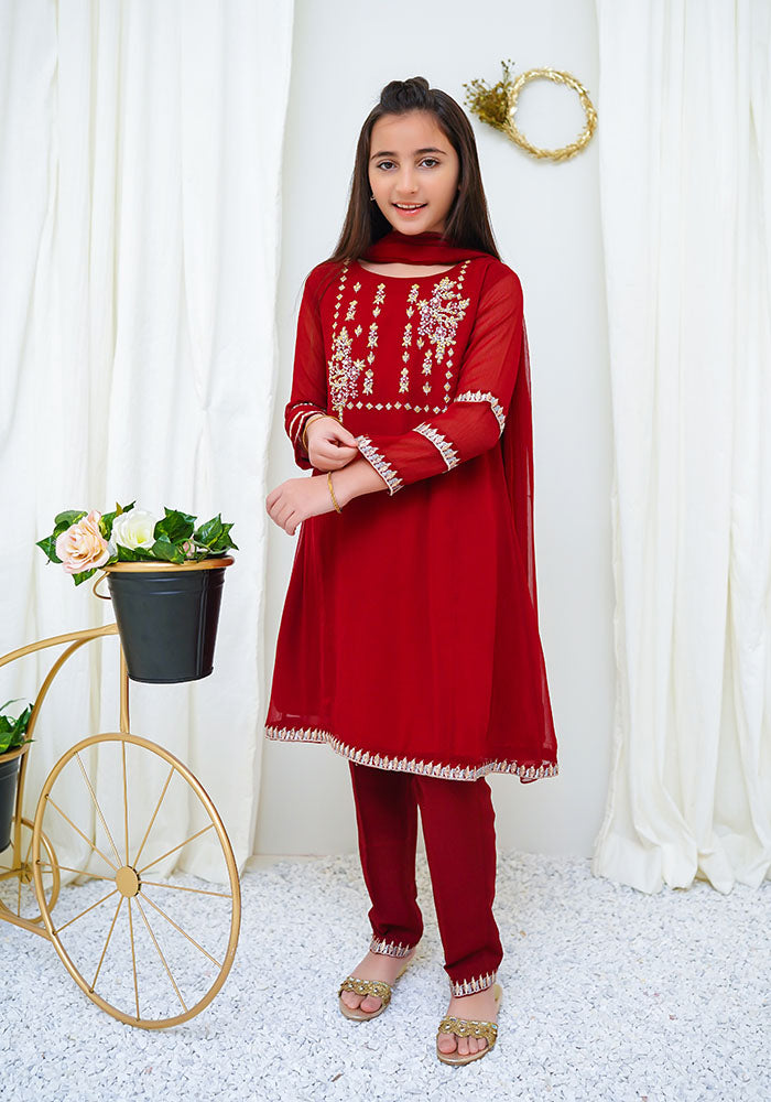 Chiffon Hand Work 3 Pc Suit - Wear Ochre