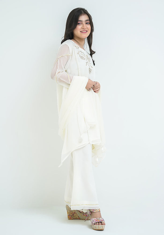 Chiffon Hand Work 3 Pc Suit - Wear Ochre