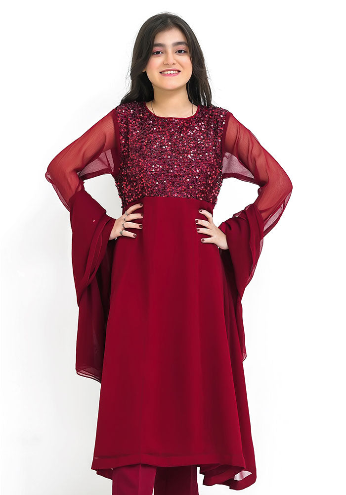Chiffon Embroidered 3 Pc Suit - Wear Ochre