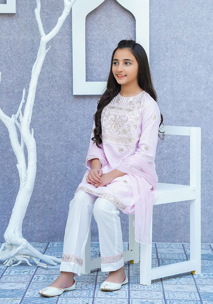 Chambray Cotton Embroidered 3 Pc Suit - Wear Ochre