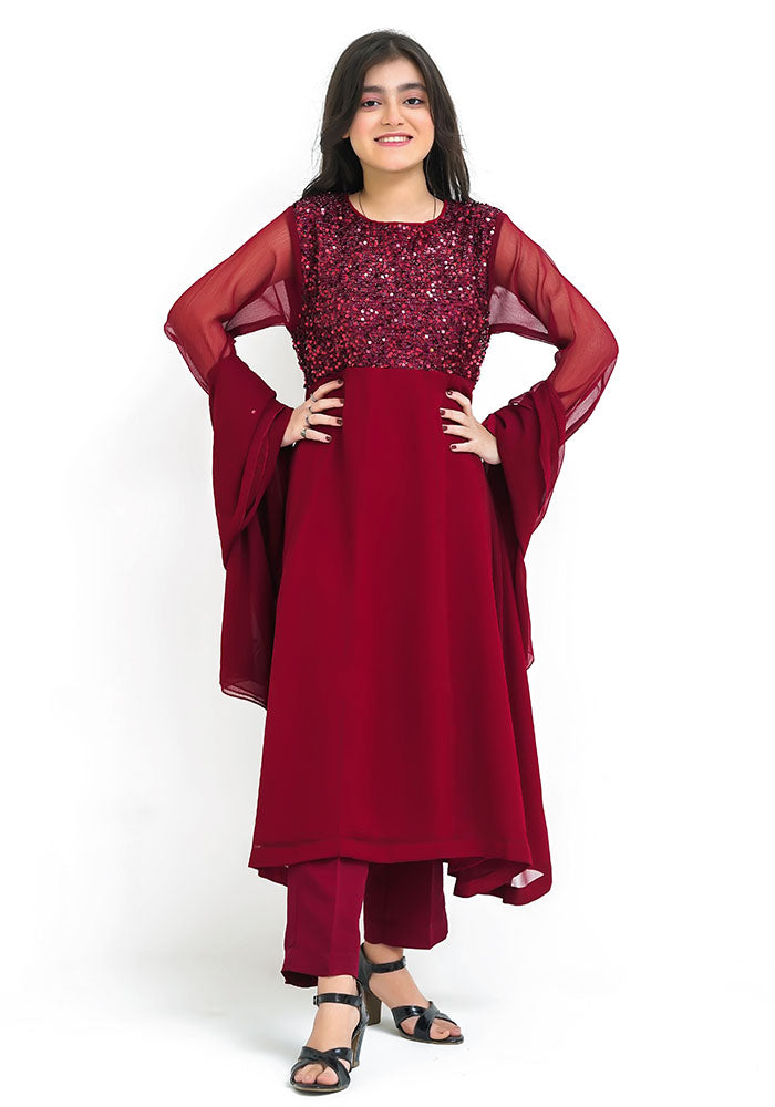Chiffon Embroidered 3 Pc Suit - Wear Ochre