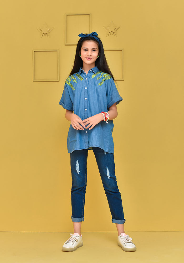 Denim Embroidered Top - Wear Ochre
