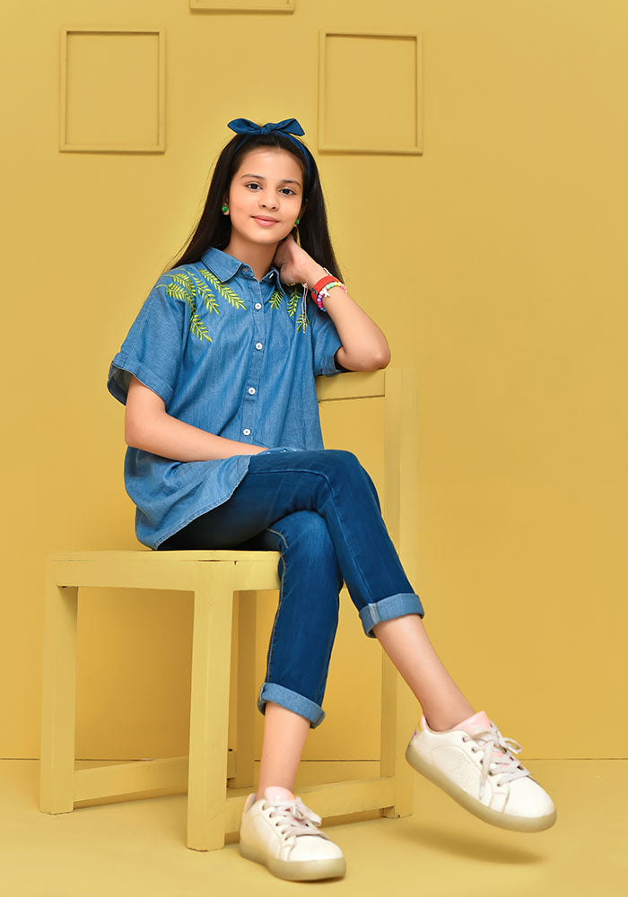 Denim Embroidered Top - Wear Ochre