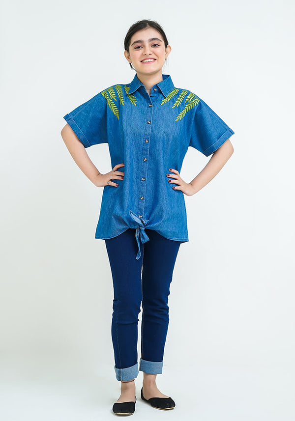 Denim Embroidered Top