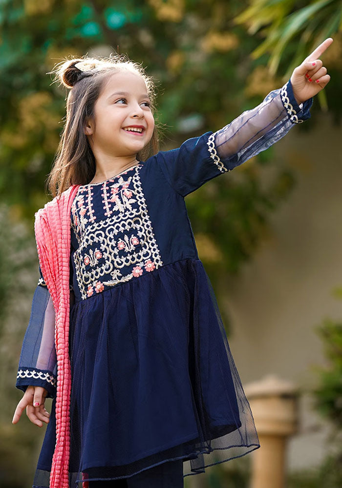 Net Embroidered 3 Pc Suit - Wear Ochre