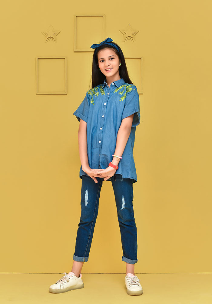 Denim Embroidered Top - Wear Ochre