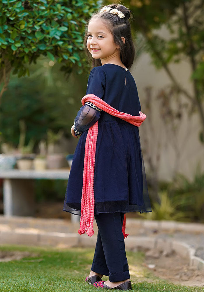 Net Embroidered 3 Pc Suit - Wear Ochre