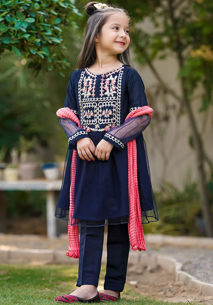 Net Embroidered 3 Pc Suit - Wear Ochre