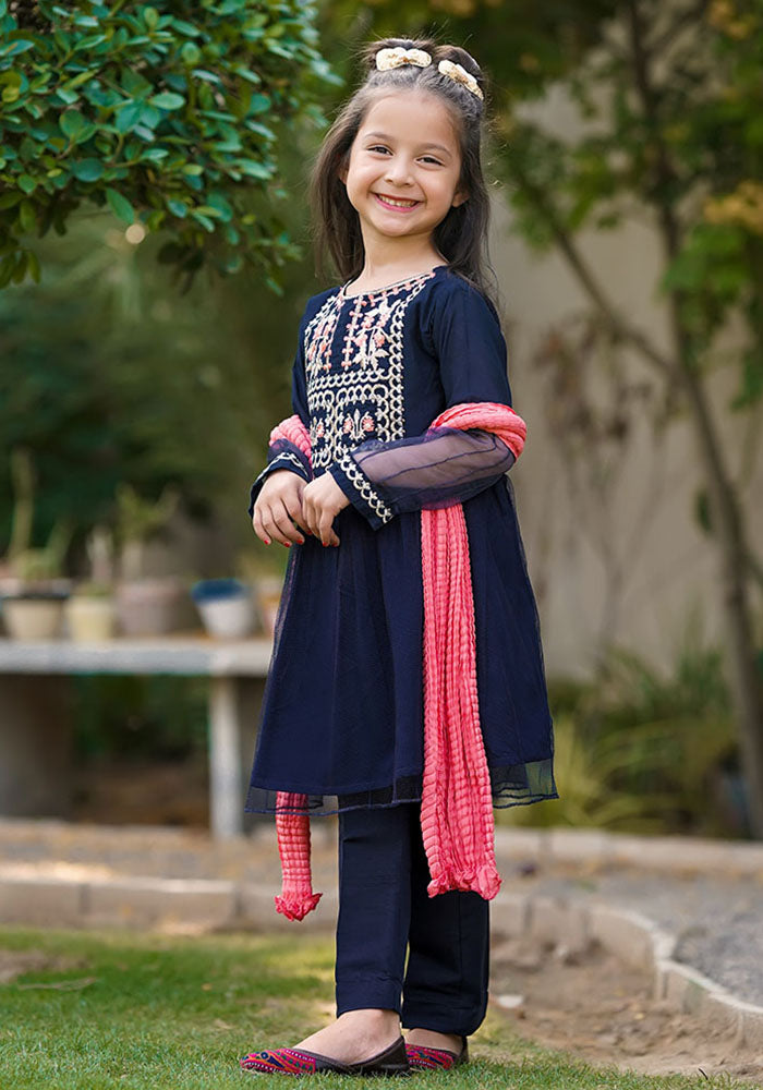 Net Embroidered 3 Pc Suit - Wear Ochre