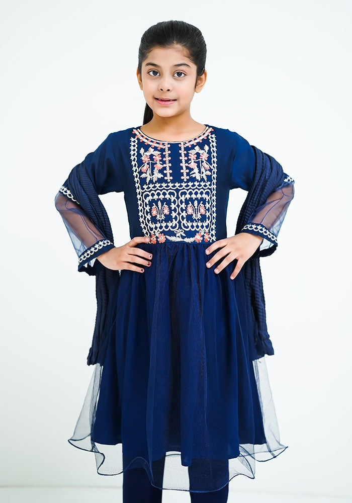Net Embroidered 3 Pc Suit - Wear Ochre