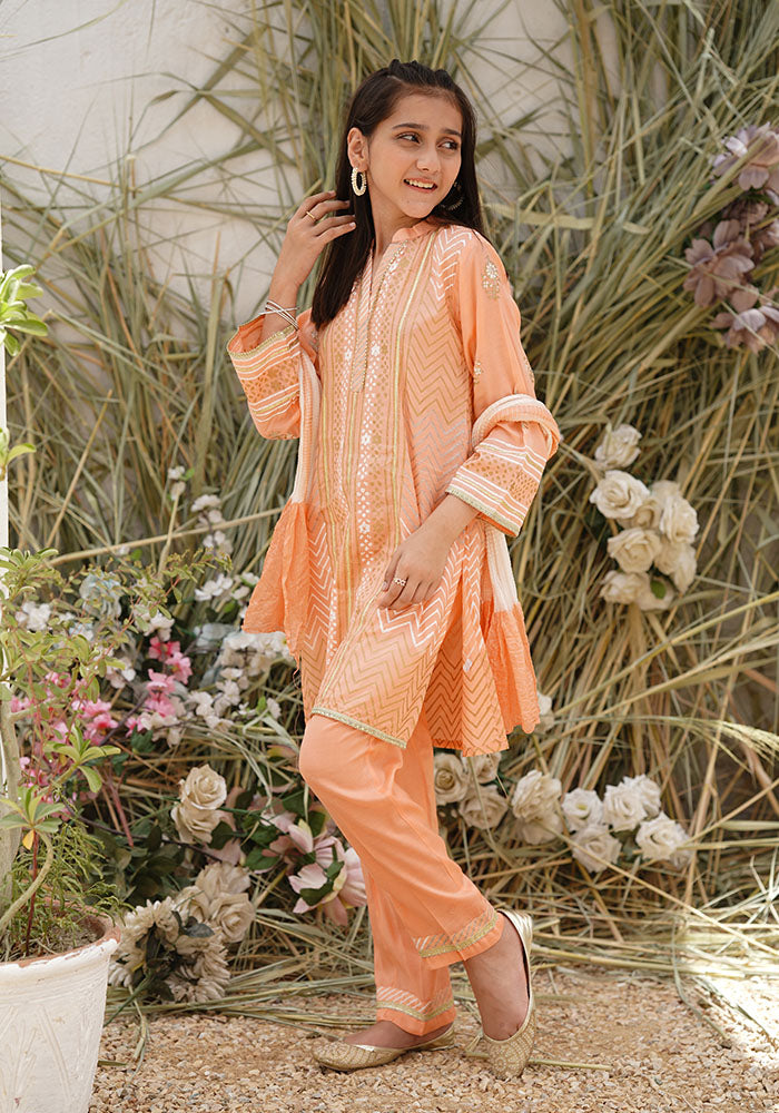 Cotton Silk Block Printed 3 Pc Suit - Wear Ochre