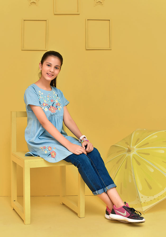 Denim Embroidered Top - Wear Ochre