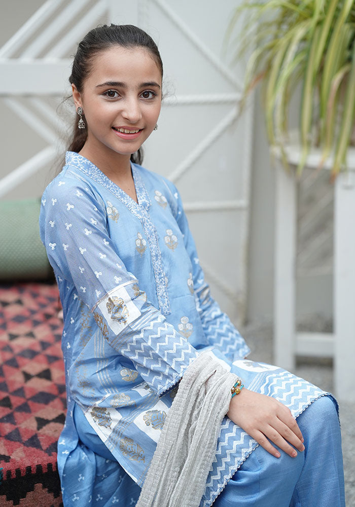 Cotton Silk Block Printed 3 Pc Suit - Wear Ochre
