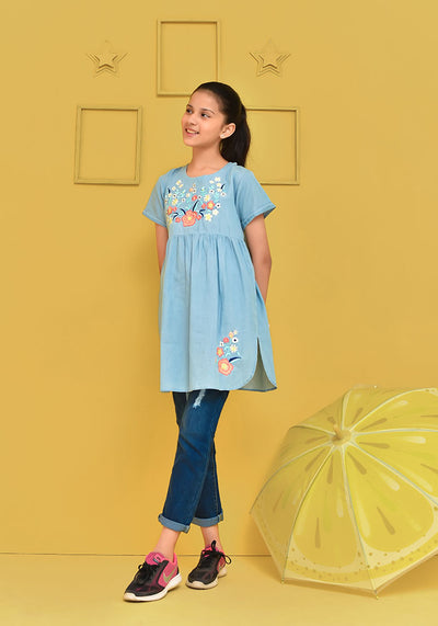 Denim Embroidered Top
