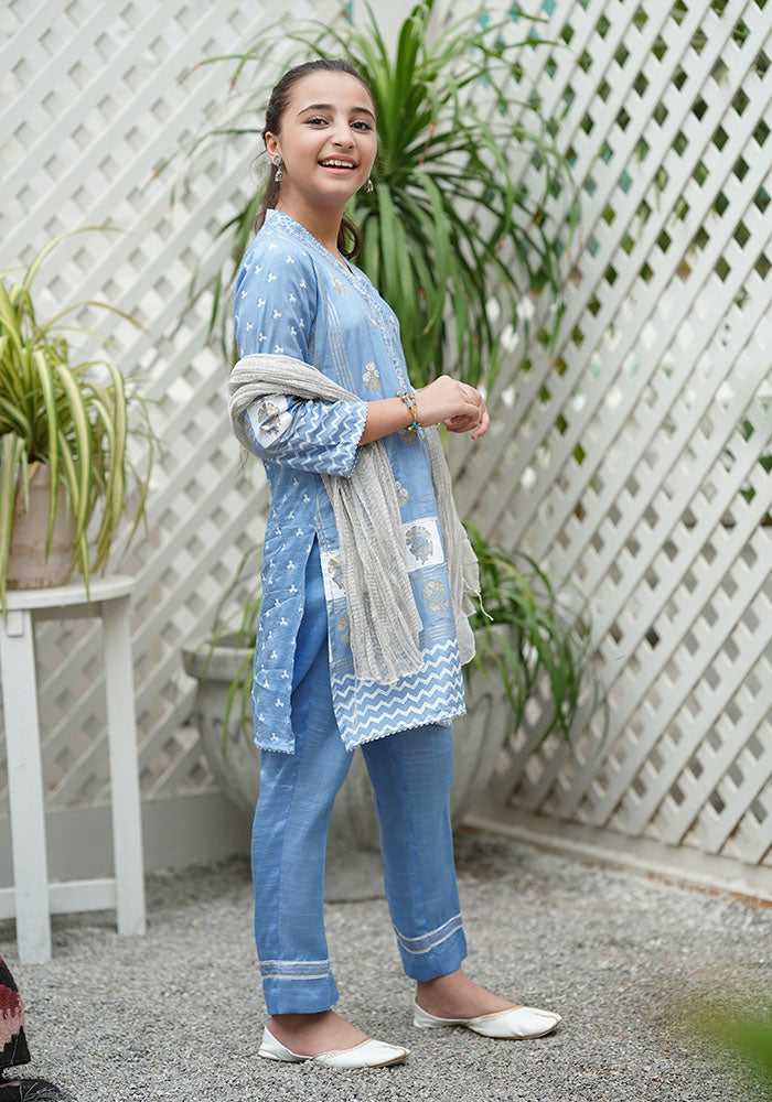 Cotton Silk Block Printed 3 Pc Suit - Wear Ochre