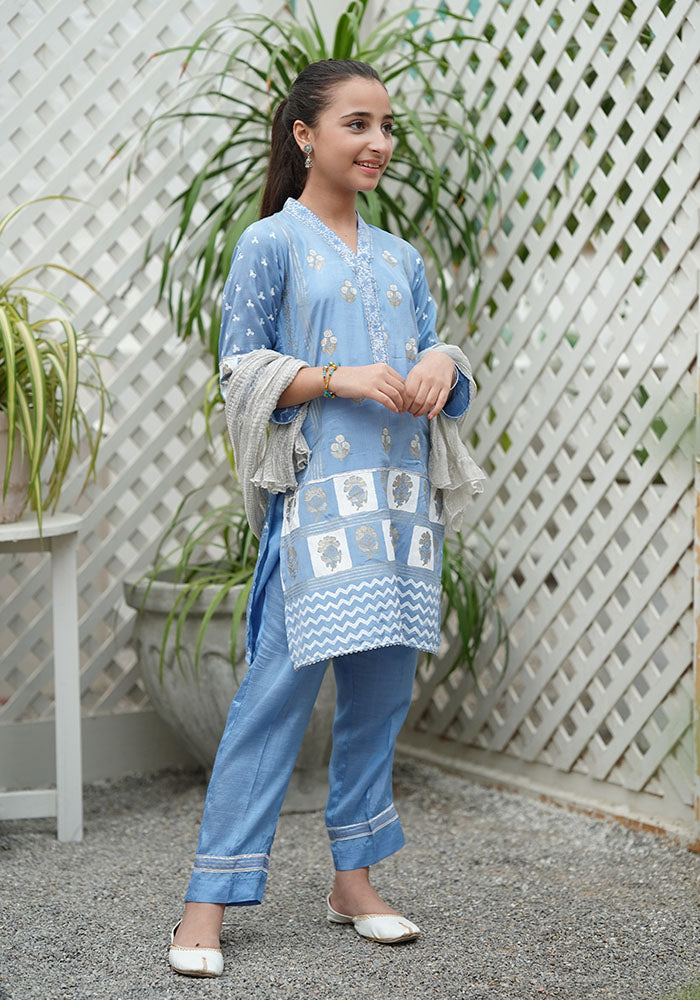 Cotton Silk Block Printed 3 Pc Suit - Wear Ochre