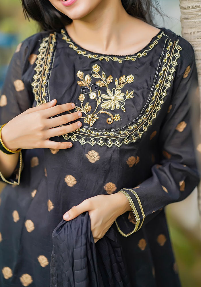 Cotton Jacquard Hand Work 3 Pc Suit - Wear Ochre