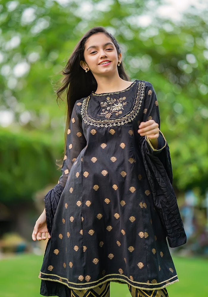 Cotton Jacquard Hand Work 3 Pc Suit - Wear Ochre
