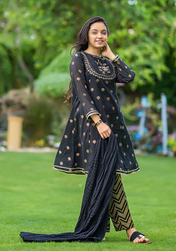 Cotton Jacquard Hand Work 3 Pc Suit - Wear Ochre