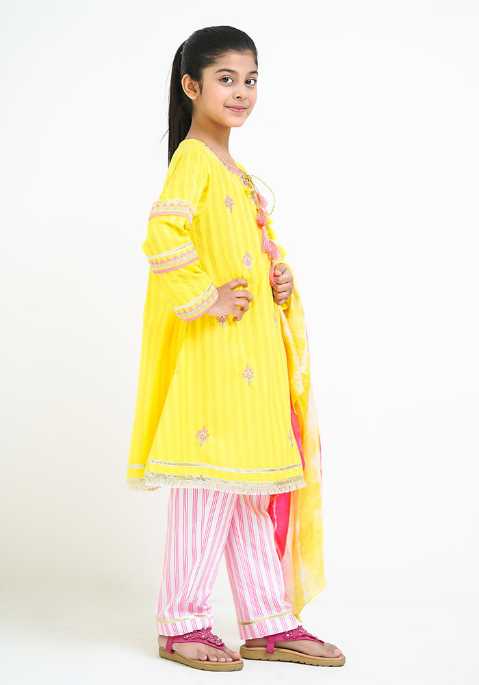 Cotton Jacquard Embroidered 3 Pc Suit - Wear Ochre
