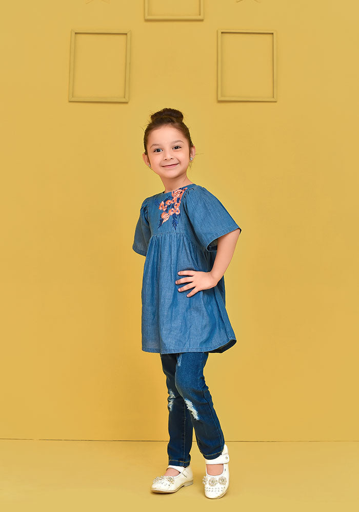 Denim Embroidered Top - Wear Ochre