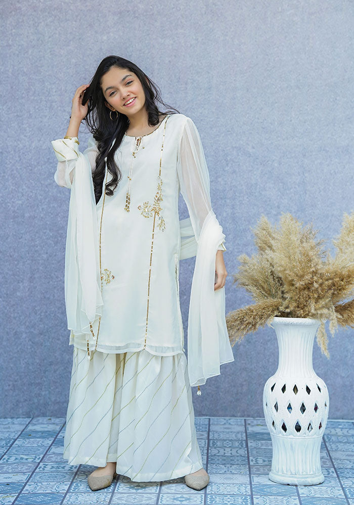 Chiffon Hand Work 3 Pc Suit - Wear Ochre