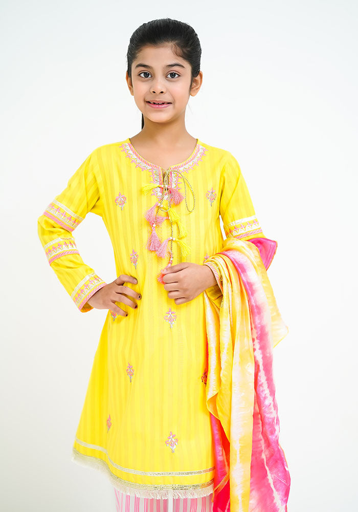 Cotton Jacquard Embroidered 3 Pc Suit - Wear Ochre