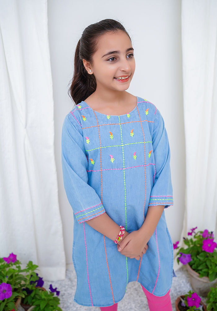 Denim Embroidered Kurta - Wear Ochre