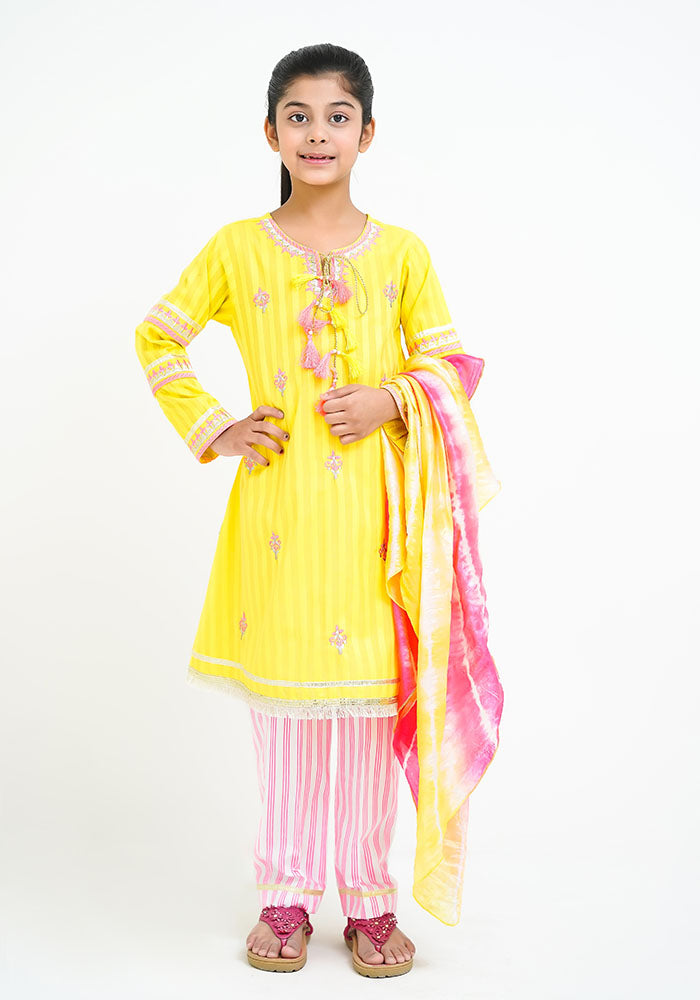 Cotton Jacquard Embroidered 3 Pc Suit - Wear Ochre