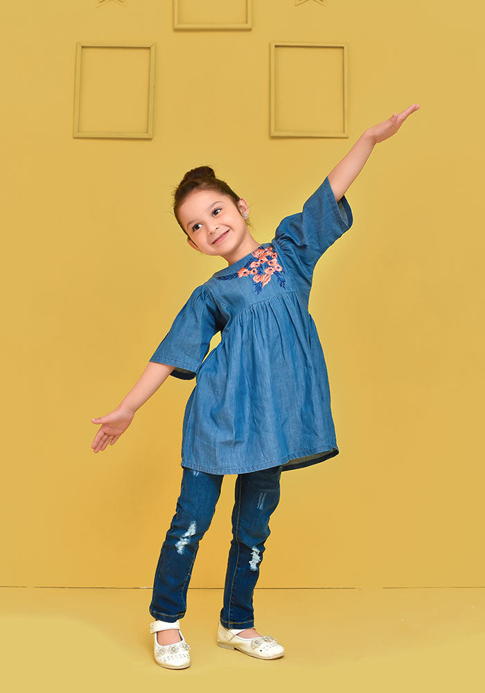 Denim Embroidered Top - Wear Ochre