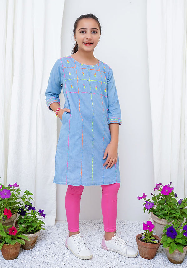 Denim Embroidered Kurta - Wear Ochre