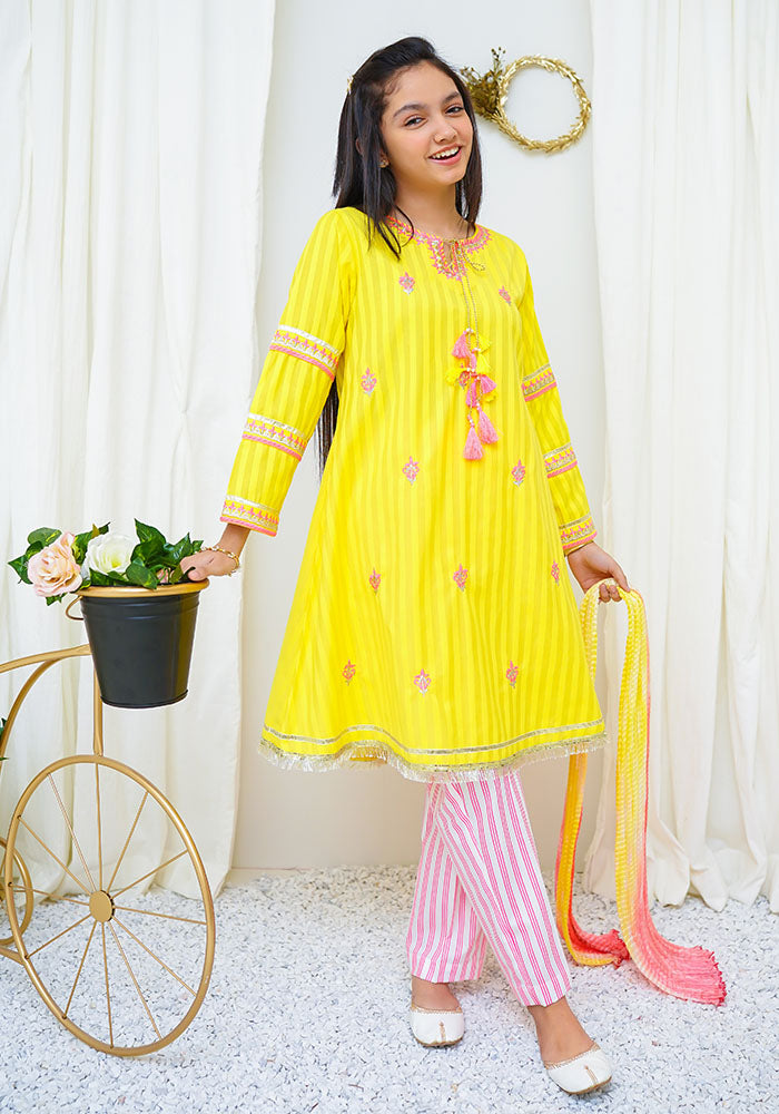 Cotton Jacquard Embroidered 3 Pc Suit - Wear Ochre