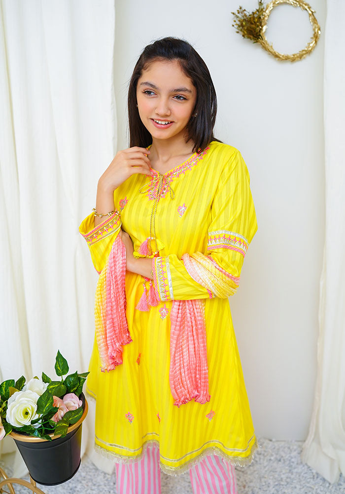 Cotton Jacquard Embroidered 3 Pc Suit - Wear Ochre