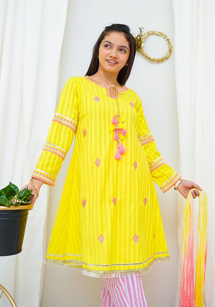 Cotton Jacquard Embroidered 3 Pc Suit - Wear Ochre