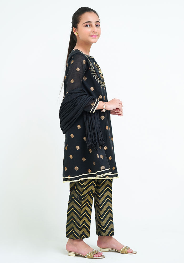 Cotton Jacquard Hand Work 3 Pc Suit - Wear Ochre