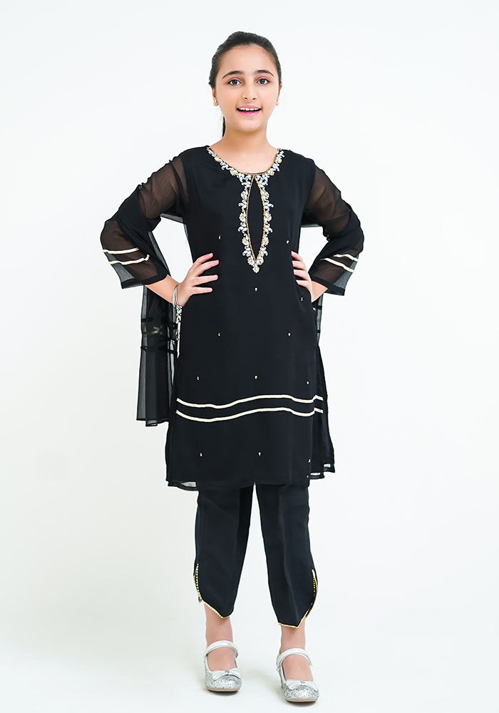 Chiffon Hand Work 3 Pc Suit - Wear Ochre