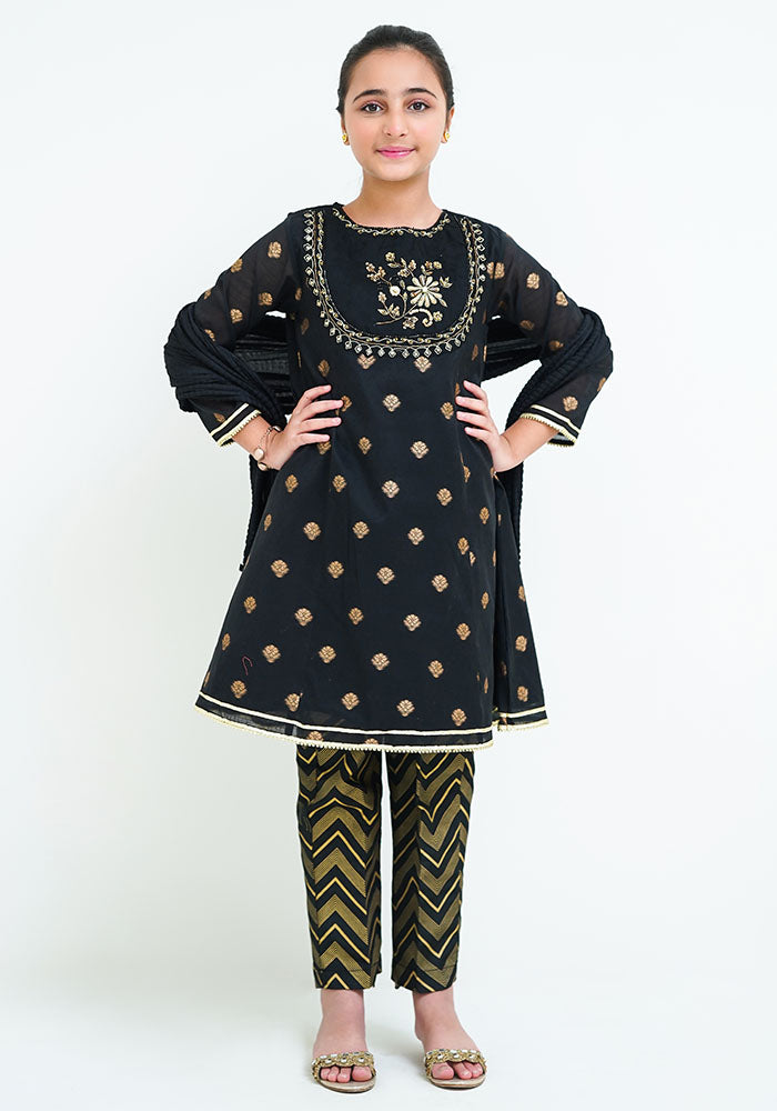 Cotton Jacquard Hand Work 3 Pc Suit - Wear Ochre