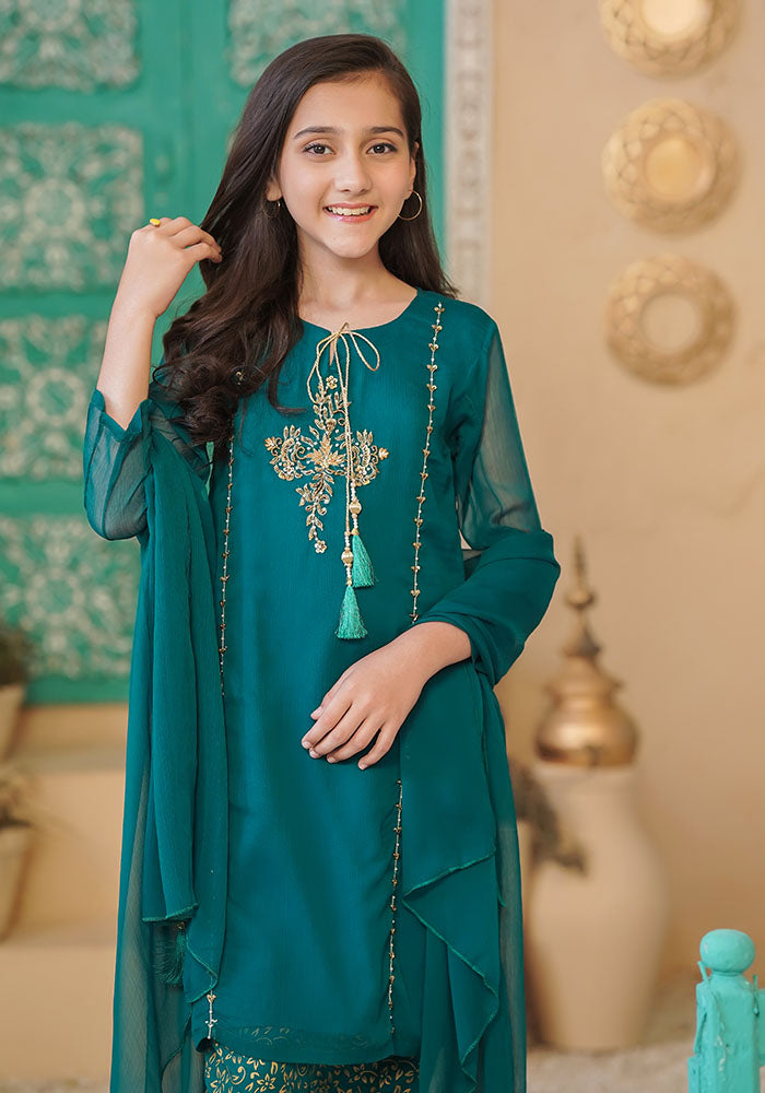 Chiffon Hand Work 3 Pc Suit - Wear Ochre