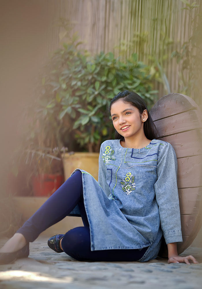Denim Embroidered Kurta - Wear Ochre