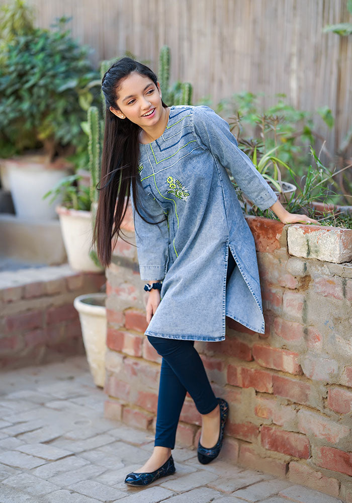 Denim Embroidered Kurta - Wear Ochre