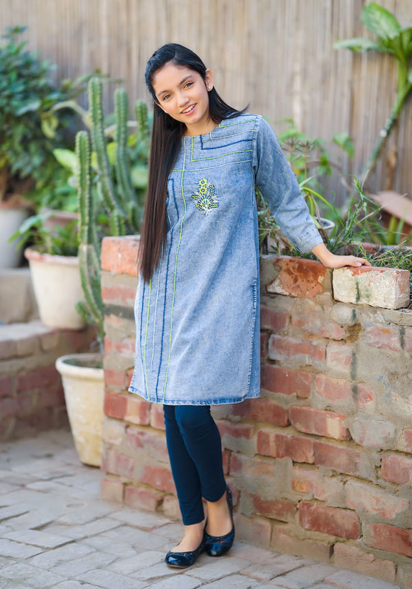 Denim Embroidered Kurta - Wear Ochre