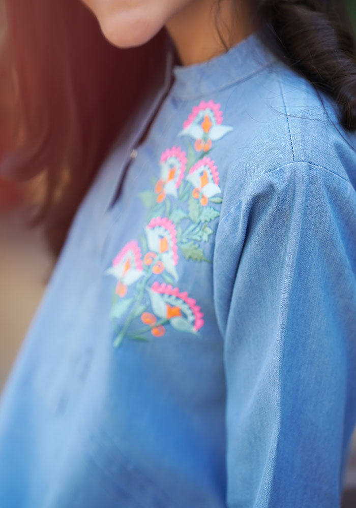 Denim Embroidered Kurta - Wear Ochre