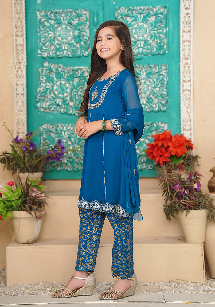 Chiffon Hand Work 3 Pc Suit - Wear Ochre