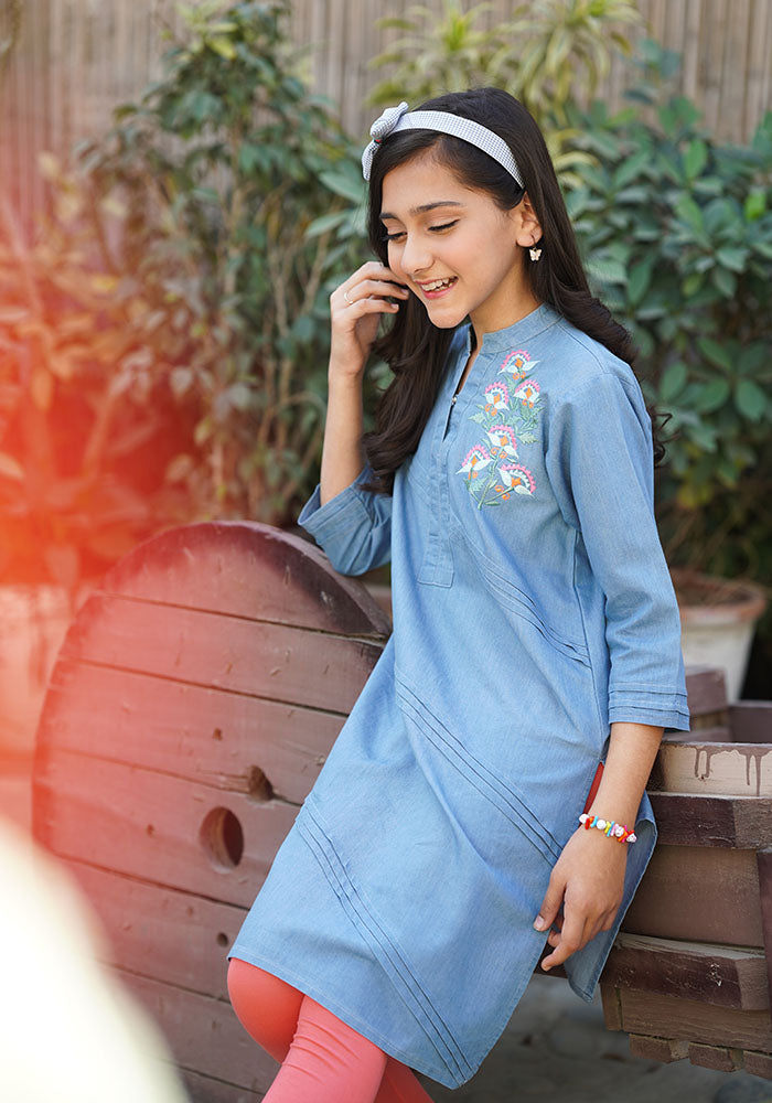 Denim Embroidered Kurta - Wear Ochre