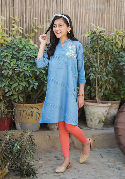 Denim Embroidered Kurta