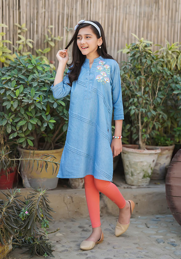 Denim Embroidered Kurta - Wear Ochre
