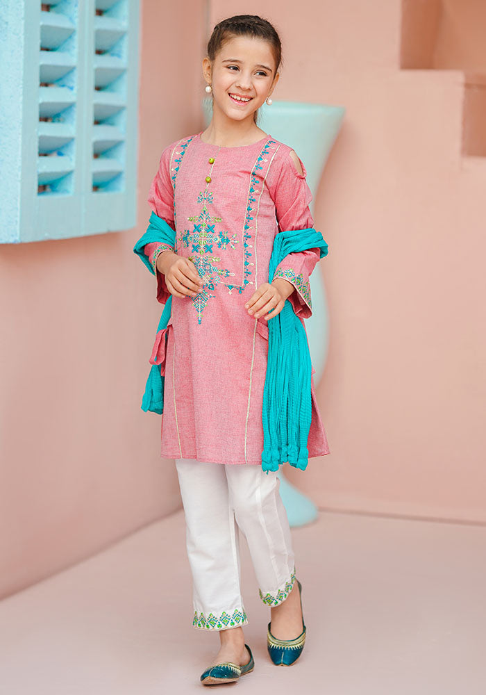 Chambray Embroidered 3 Pc Suit - Wear Ochre