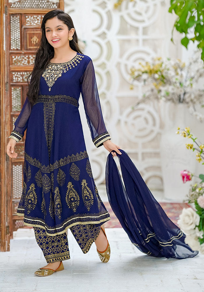 Chiffon Hand Adda Work 3 Pc Suit - Wear Ochre