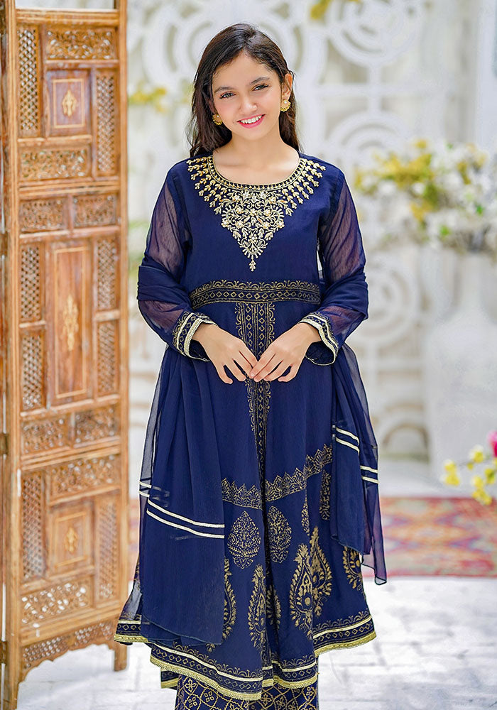 Chiffon Hand Adda Work 3 Pc Suit - Wear Ochre