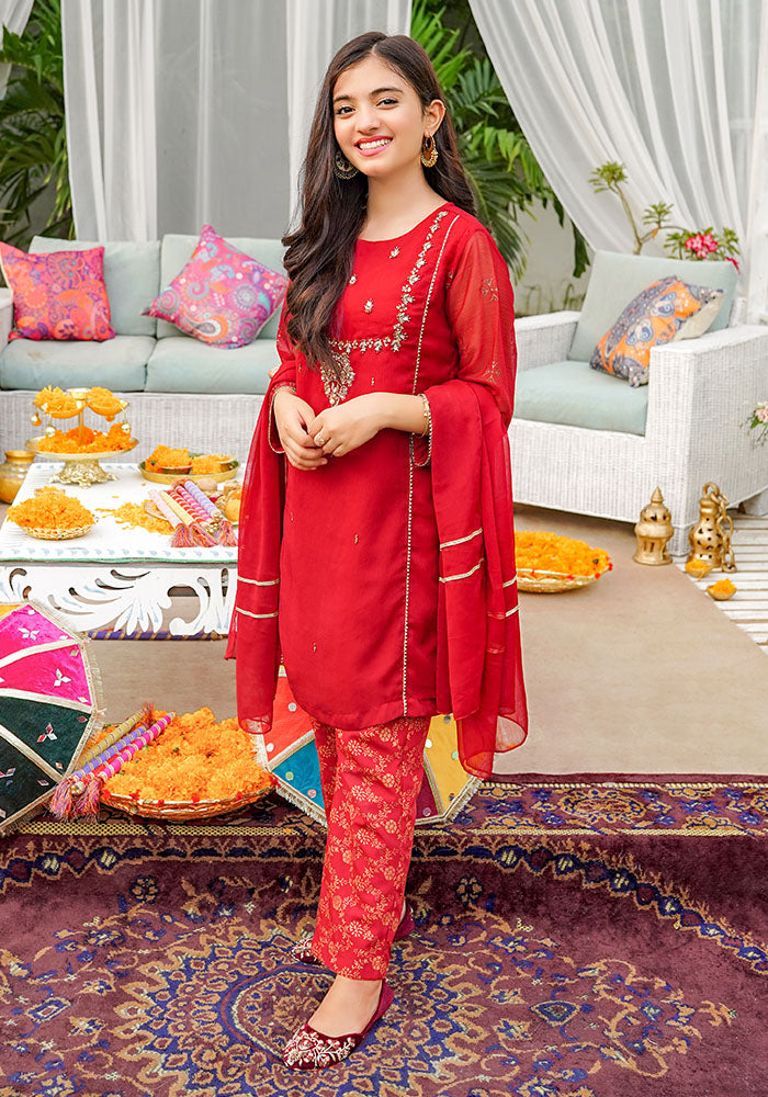 Chiffon Hand Adda Work 3 Pc Suit - Wear Ochre